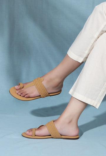 Camel Brown Cruelty free Leather inspired Kolhapuri with multiple braidings